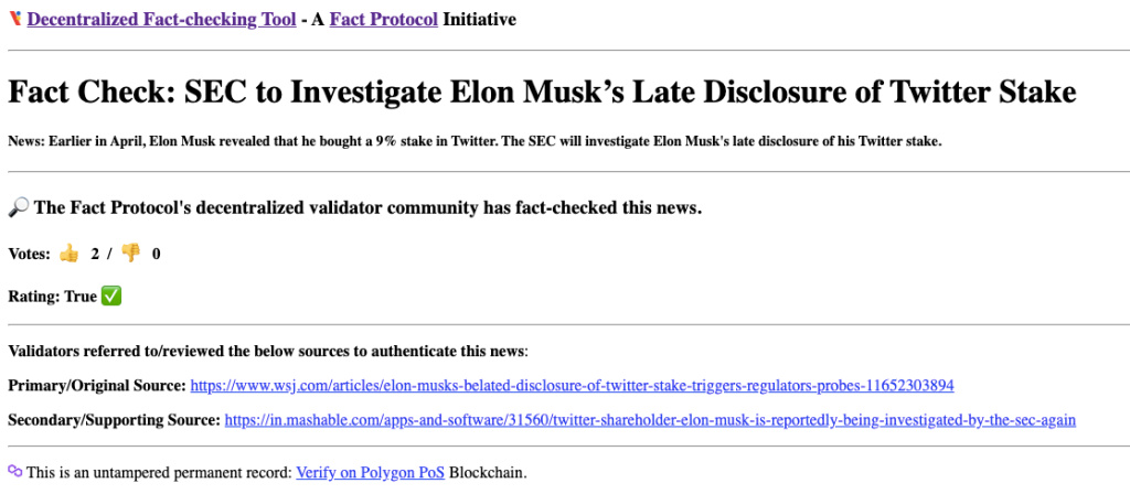 Example of a fact-check recorded on IPFS (web3 storage protocol) for immutability and censorship resistance. Concept by Fact Protocol.