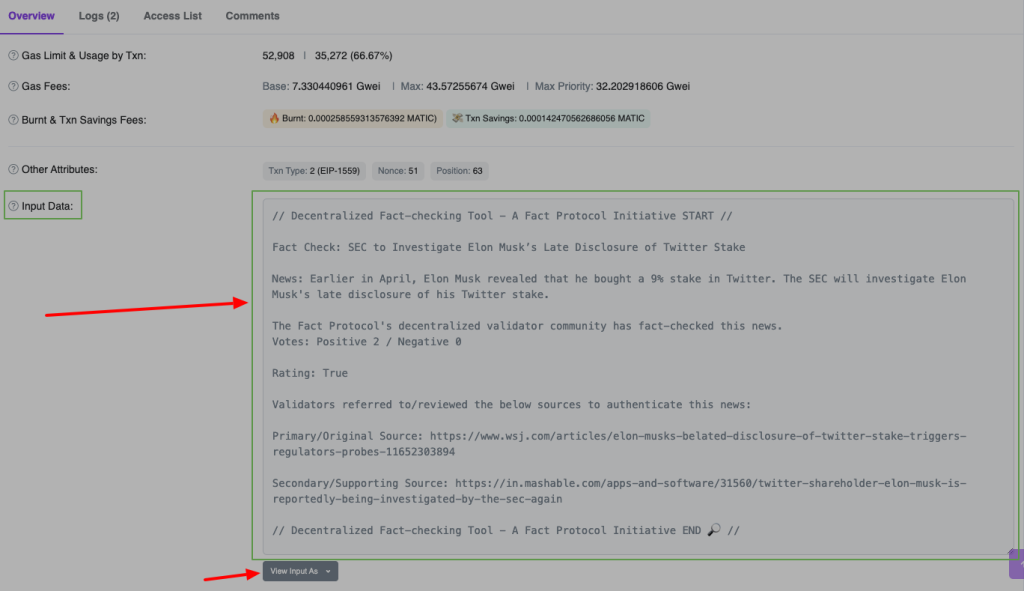 Example of a fact-check recorded on blockchain for immutability. Concept by Fact Protocol.